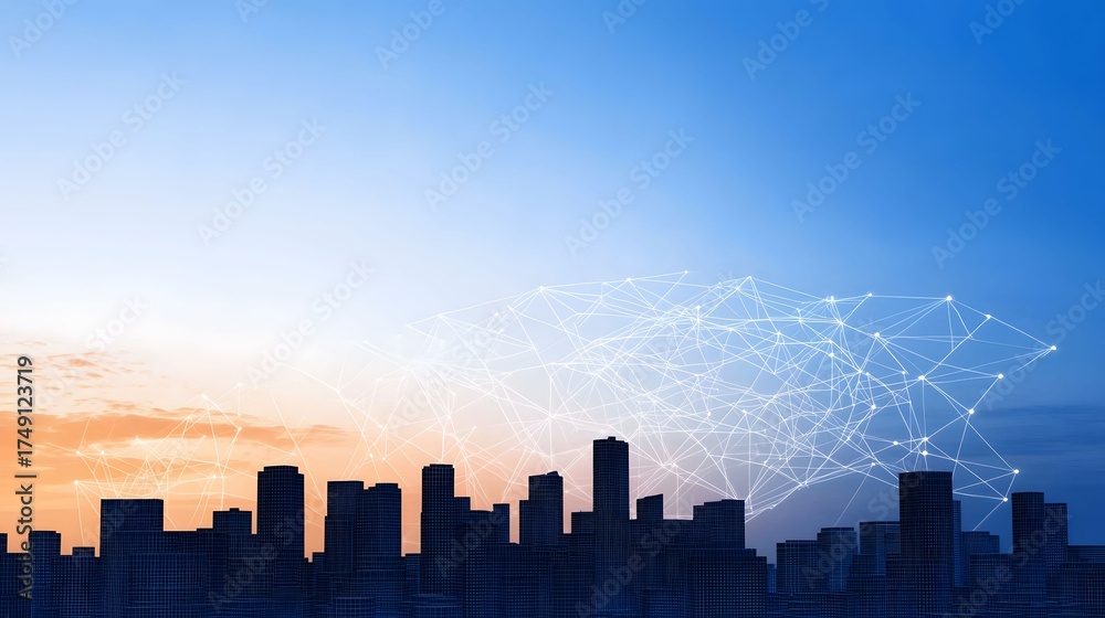 Fototapeta premium The image displays a cityscape silhouette against an orange-to-blue sky gradient, overlaid with a network of interconnected white lines and circles, suggesting connectivity and data.