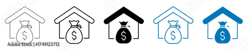House money bag icon isolated, Home finance symbol, Real estate investment signs, Property savings icons, or Mortgage wealth symbols vector illustration