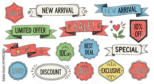 Collection of hand-drawn style banners and decorative labels for promotions and advertising, white background