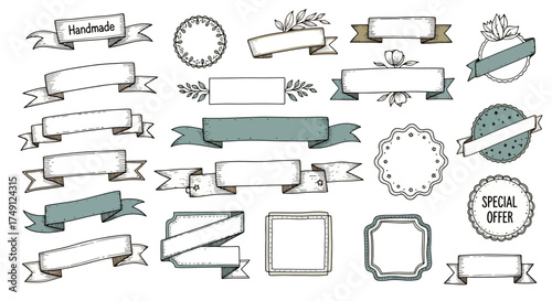 Set of hand-drawn style decorative ribbons, banners, and labels for various themes and purposes, white background