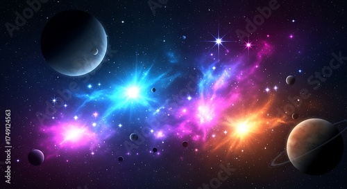 Bright sunlit Earth and the moon in the dark night sky of our vast blue cosmos