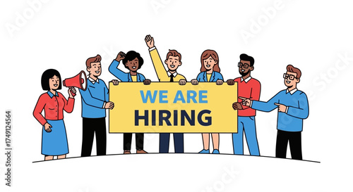 Vector illustration of a team holding a banner and megaphone announcing they are hiring, white background