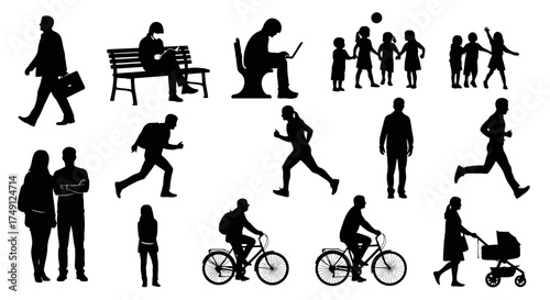 Silhouette vector set of people in different poses, including walking, sitting, playing, and working, white background