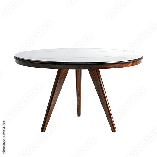 Modern, round coffee table with wooden legs and white top, elegant design