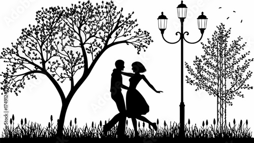 Romantic silhouette of couple dancing in park under street lamp expressing love and happiness together