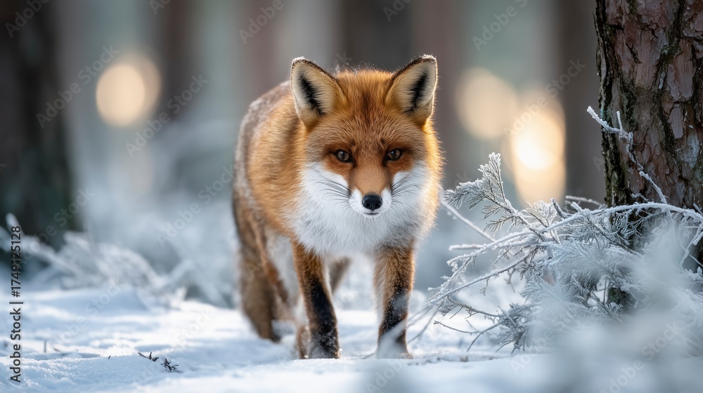 Fototapeta premium Red Fox Running Through Snowy Forest