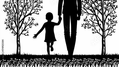 Touching silhouette of parent and child walking together in nature scene, creating a tender family moment