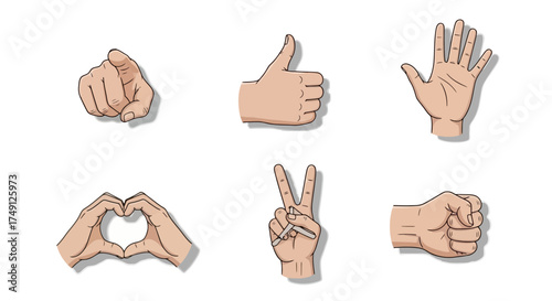 Hand gesture icons for communication and expression, including pointing, thumbs up, and waving, white background