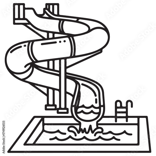 Line Art Illustration of a Spiral Water Slide Leading into a Swimming Pool