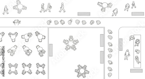 Architectural vector plan of people in different situations, overhead view, white background
