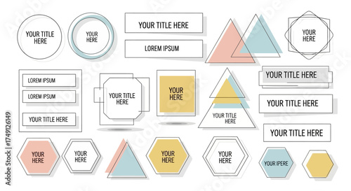 Simple frame set with various shapes and text boxes for design elements, white background