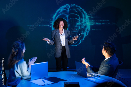 Successful businesswoman receiving applause from the audience after an inspiring presentation on artificial intelligence.