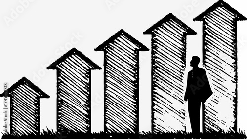 Ambition drives business growth illustrated by increasing arrows and silhouette figure, success ahead