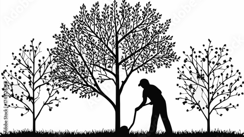 Silhouette of dedicated gardener planting trees, nurturing nature's growth with care and precision