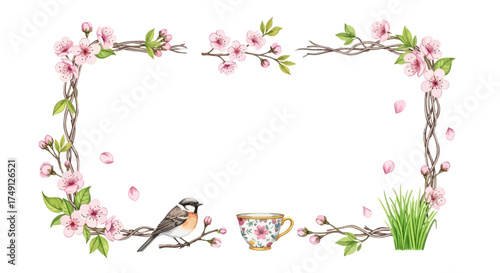 Spring frame and decoration set with cherry blossom elements for seasonal designs, white background