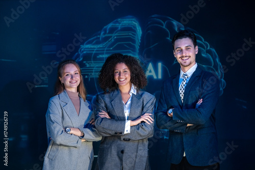 Portrait of a successful and diverse business team of AI experts, developers, or researchers.