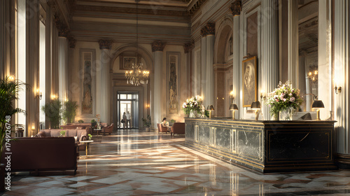 Ultra Realistic Cinematic Capture of Elegant Hotel Lobby with Luxurious Decor and Atmosphere
