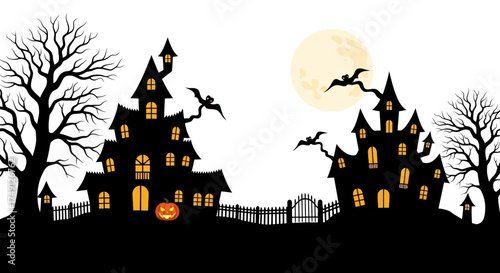 Silhouetted haunted houses and spooky castle on a Halloween night with a full moon, white background