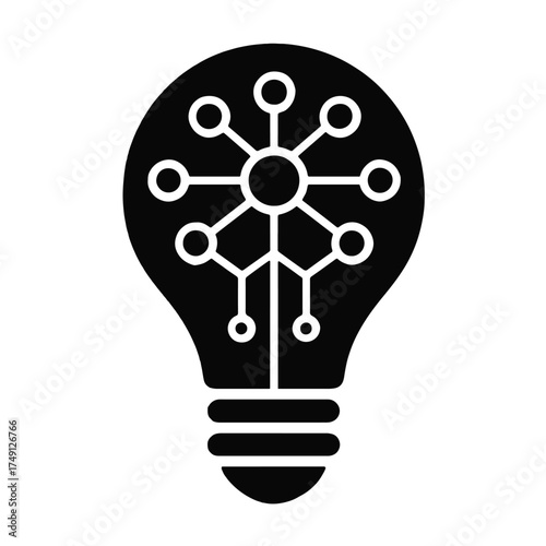 Black light bulb icon with internal network structure and white background lightbulb idea