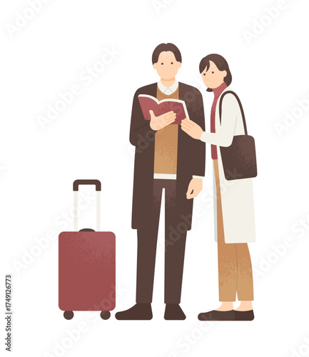 ガイドブックを見ながら旅行の計画を立てるカップル 秋冬の旅行先で相談する男女のイラスト