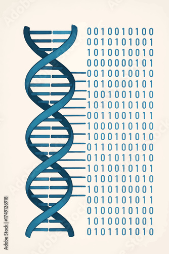 Blue D N A double helix structure with binary code on light beige background spiral molecule