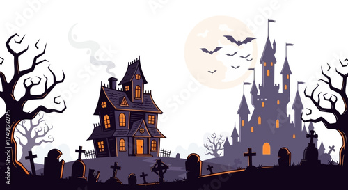 Spooky Halloween landscape with haunted house, castle, graveyard and full moon, vector illustration, white background