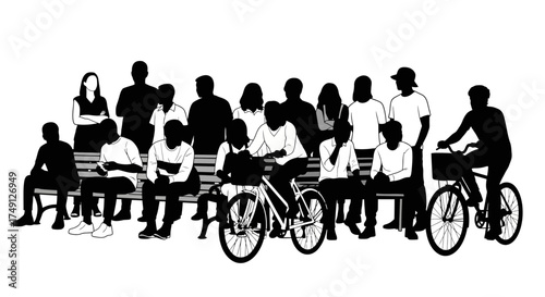 Vector illustration of people silhouettes in various sitting, cycling, and standing group poses, white background