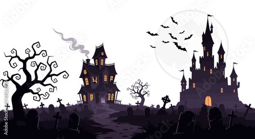 Spooky Halloween landscape with haunted house, castle, graveyard and full moon, vector illustration, white background