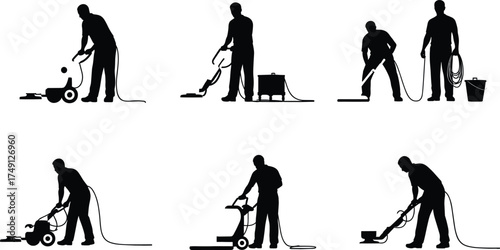 Silhouette icons of men using industrial floor cleaning machines, scrubbers, and pressure washers for commercial maintenance and sanitation tasks.