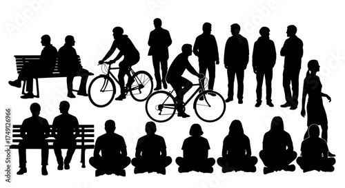 Vector illustration of people silhouettes in various sitting, cycling, and standing group poses, white background