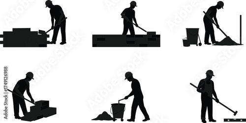 Silhouettes of Masonry Workers Performing Bricklaying, Cement Mixing, Shoveling, and Leveling Tasks in Construction Site with Tools and Equipment