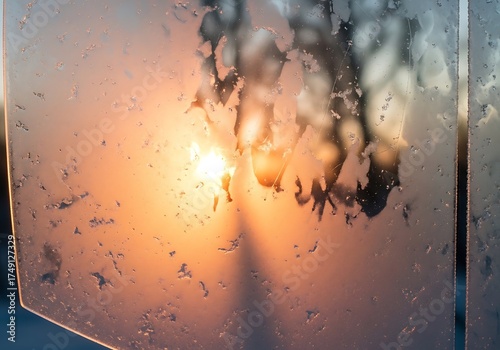 Frozen window pane captures winter's sunlight in dreamy frosted scene
