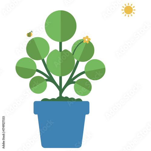 Minimalist Potted Plant with Round Leaves, Bee, Flower, and Sun on White Background