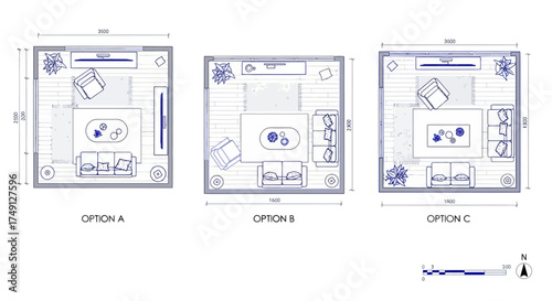 Blueprint layout of living room interiors showcasing different furniture arrangements and decor elements, white background