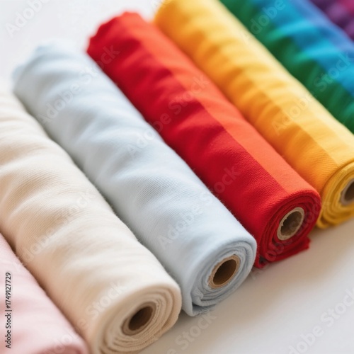 Colorful fabric rolls arranged neatly showcasing a spectrum from white to multi-colored hues placed across a light surface