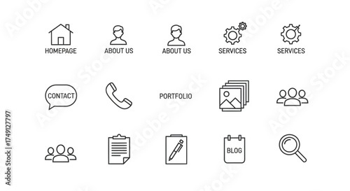 Photos Set of minimal line icons representing business website components for simple an