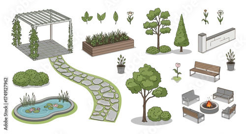 Architectural landscape design elements vector illustration for gardens and outdoor spaces, white background