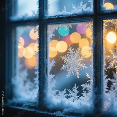 Close-up of icy snowflakes on a frosted window with warm bokeh lights outside creating a cozy winter ambiance