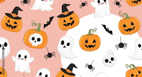 A cute Halloween seamless pattern with pumpkins, ghosts, spiders and skulls on a pink background, white background