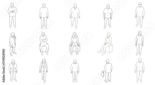 Architectural top view outline drawings of people in various poses and positions, white background