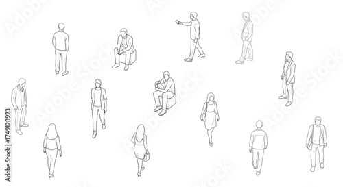 Architectural top view outline drawings of people in various poses and positions, white background