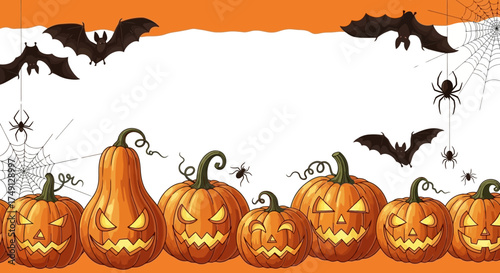 Halloween border design with pumpkins, bats, and spiders on an orange background, white background