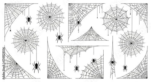 Collection of hand-drawn spiderweb vector illustrations for Halloween designs, white background