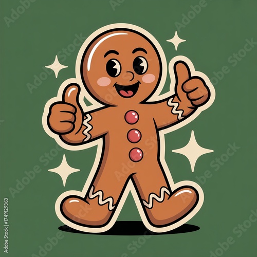 Happy gingerbread man cartoon character giving thumbs up with a cheerful smile.