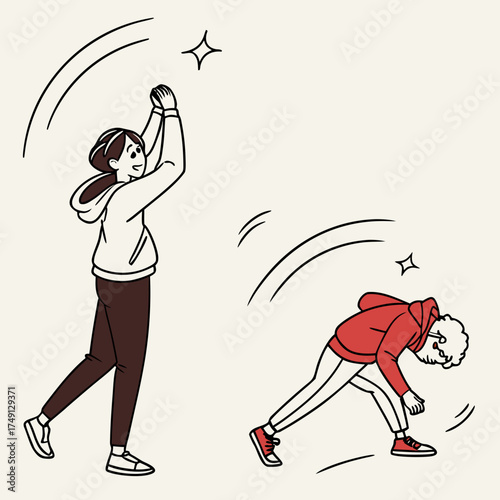Woman throwing ball and another falling down