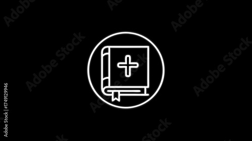 Outline icon of a religious book with a cross on the cover, in a circle. Simple vector graphic representing faith, spirituality, and holy scripture on black.