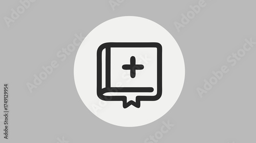 Flat line book icon with plus symbol and bookmark. Concept for adding new content, learning, education, digital library, or favorites.