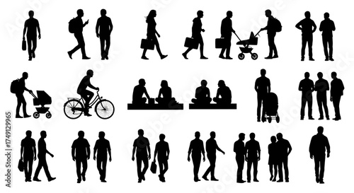 Vector silhouettes of people in various activities and poses for architectural or design projects, white background