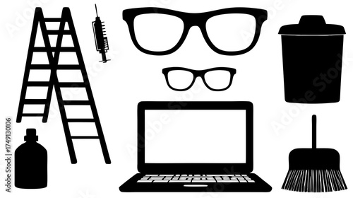 Collection of black silhouette icons: everyday objects like eyeglasses, laptop, ladder, syringe, trash can, bottle, and broom on white.
