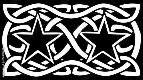 Elegant White Celtic Knotwork Pattern with Two Stars on Black Background, Intricate Decorative Vector Design for Borders & Ornaments